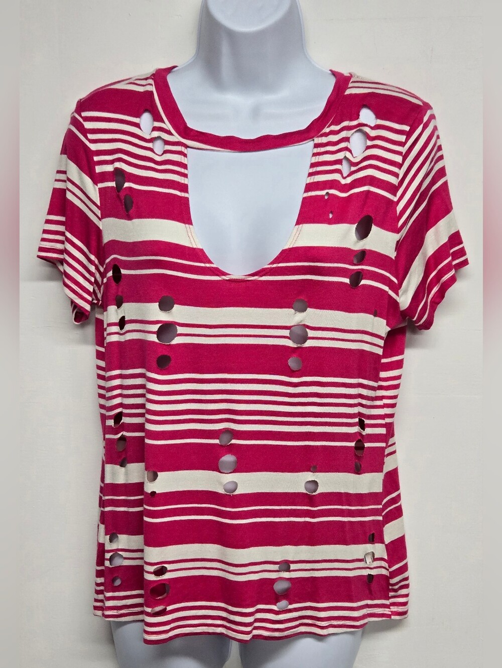 Love J Vintage Pullover Top Slinky Stretch Knit Cut Out Holes Stripes New XL